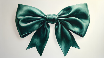 Wall Mural - A vibrant watercolor painting of a rich emerald green velvet bow with subtle highlights, on a bright white canvas