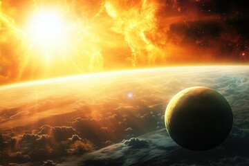 Wall Mural - A fiery sun rises over a distant planet.