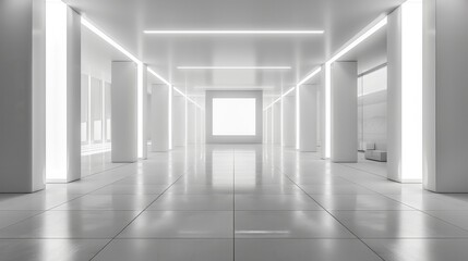 Aufkleber - A white exhibition hall, with a simple and atmospheric stage design. The background features a LED screen wall display stand with lights on both sides of the space.