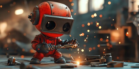 Fototapete - A small red robot wearing a welding mask welds metal parts with sparks flying.