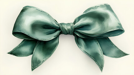 Wall Mural - A detailed watercolor painting of a luxurious green velvet bow, tied beautifully with intricate details, on a white canvas