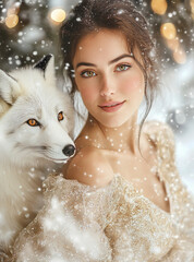 brunette woman in 40s with smile, wearing a soft satin sparkling golden gown, white fox under a winter sky, stunning snow luxury winter resort, big windows and holiday lights in the distance holiday