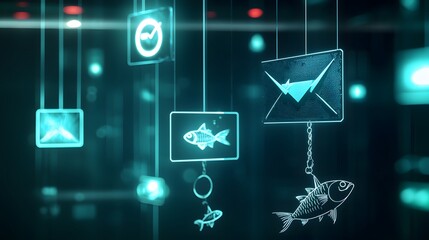 Leinwandbilder - Digital art event floating fish icons virtual space graphic design futuristic abstract concept