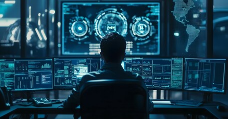 Poster - Cybersecurity analysis in control room corporate office digital surveillance high-tech environment close-up view data monitoring