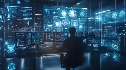 Fototapete - Data analysis event high-tech control room digital interface futuristic environment user perspective technology insights