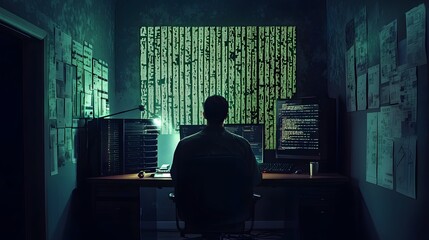 Poster - Hacking session home office digital art dark environment rear view cybersecurity concept