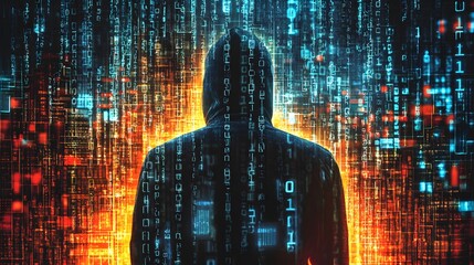 Aufkleber - Digital intrusion hacker in cyber environment virtual landscape conceptual art dark theme behind view