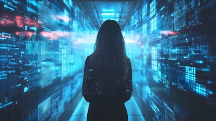 Fototapete - Exploring digital realities individual in a tech corridor urban setting digital art futuristic environment back view technology concept