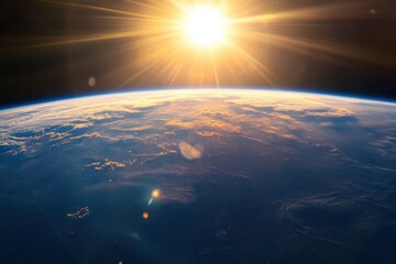 Wall Mural - A stunning view of Earth from space with a bright sun shining in the distance.