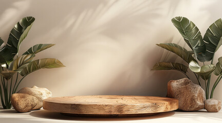 Aufkleber - Product display stand, wooden platform, leaves on light color background.