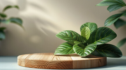 Aufkleber - Product display stand, wooden platform, leaves on light color background.