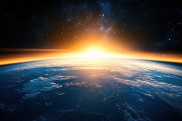 Wall Mural - A sunrise over Earth as seen from space, showing the planet's blue oceans, white clouds, and a bright orange sun.