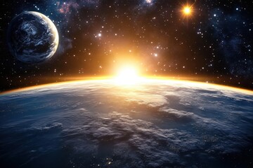 Wall Mural - A sunrise over a planet with another planet and stars in the background.