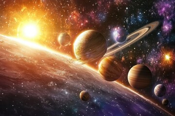 Wall Mural - A vibrant image of a solar system with a bright sun and planets.