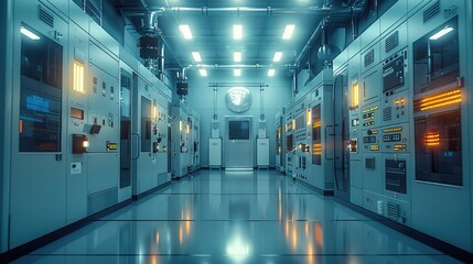 Fototapete - Futuristic power substation inspection, switchgear cabinets, Laboratory setting dominated by advanced Technology and Industrial aesthetics.