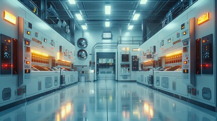 Fototapete - Futuristic power substation inspection, switchgear cabinets, Laboratory setting dominated by advanced Technology and Industrial aesthetics.
