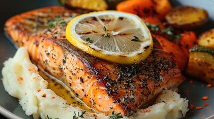 Poster - A portion of herb-seasoned grilled salmon garnished with slices of lemon, accompanied by roasted vegetables and a serving of smooth mashed potatoes.