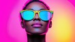 © Narongsag - Vibrant Woman in Neon Sunglasses Trendy Fashion Portrait Colorful Background