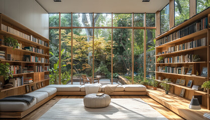 Modern minimalist square living room, with natural wood elements, a large floor-to-ceiling windows. Two walls with low, open bookshelves filled with books, plants.