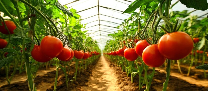 Row tomato plants growing greenhouse are tall slender Scenic sight from within