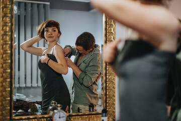 Poster - A woman adjusts her dress with help from a man as they prepare for a fun night out. The scene captures excitement and anticipation in a cozy setting.