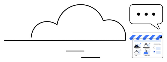 Cloud shape connected to app store interface and chat bubble representing cloud computing, app integration, communication, data sharing, teamwork, collaboration, and digital workflows. Line metaphor