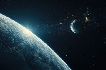 Wall Mural - Earth and moon in space with a starry background.
