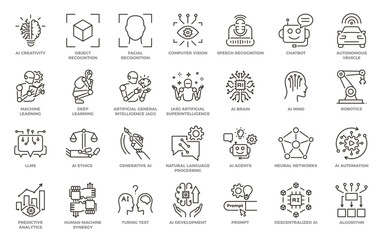 artificial intelligence editable thin line icons. ai technology vector graphic elements. machine lea