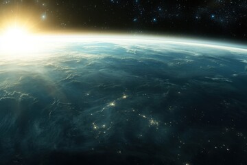 Wall Mural - earth with sun rising over clouds and city lights seen from space.
