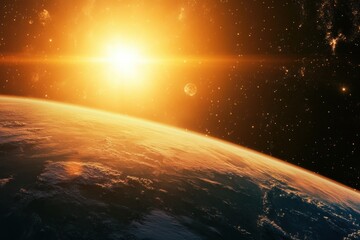 Wall Mural - earthrise over a fiery sun with lens flares.