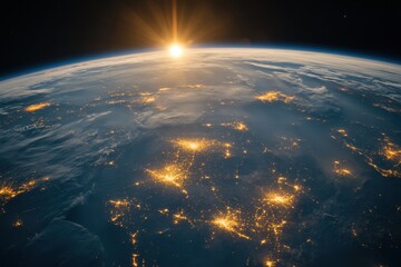 Wall Mural - Earthrise with sun shining over a city at night.