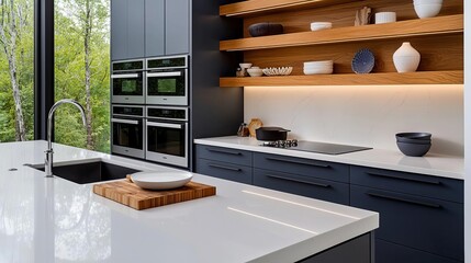 A modern kitchen showcasing sleek design with natural light, featuring minimalist cabinets, elegant countertops, and stylish cookware.