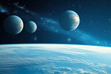 Wall Mural - Four planets in space, viewed from a planet's surface.