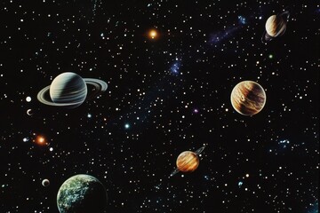 Wall Mural - Planets and Stars in a Dark Sky.
