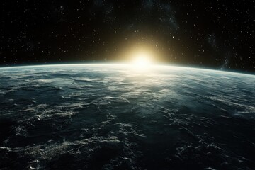 Wall Mural - Sunrise over Earth from space, showing a blue planet, clouds, and the sun shining over the horizon.