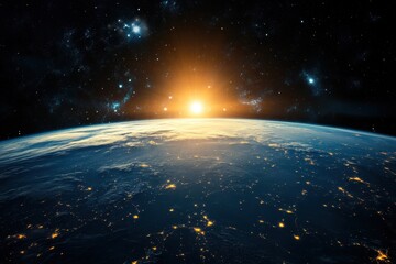 Wall Mural - sunrise over earth from space, showing city lights and a starry sky.