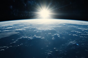 Wall Mural - Sunrise over Earth from space, showing clouds and a bright sun.