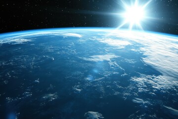 Wall Mural - Sunrise over Earth from space, showing the planet's blue oceans, white clouds, and the sun shining brightly.