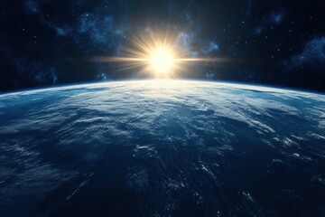 Wall Mural - Sunrise over Earth from space, with a bright sun and stars visible in the dark sky.