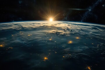 Wall Mural - sunrise over earth from space, with city lights.