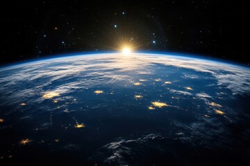 Wall Mural - sunrise over earth from space, with city lights and stars.