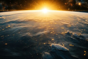 Wall Mural - sunrise over earth from space with city lights.