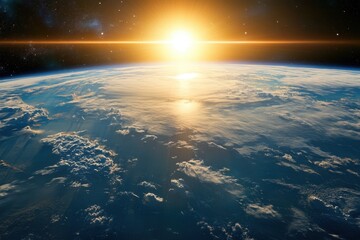 Wall Mural - sunrise over earth from space, with clouds and a bright sun.