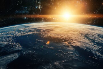 Wall Mural - Sunrise over Earth from space with lens flare.