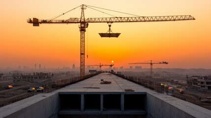 Poster - A construction site at sunset featuring cranes, with a scenic skyline in the background, highlighting urban development and progress.