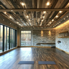 Canvas Print - reclaimed wood ceiling and drop backlit soffit with limestone wall veneer and bamboo flooring all reflected in a commercial yoga studio situated in the mountains