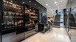 © isrofiyah - Modern luxury stock cupboard, glass-fronted cabinets, monochrome color palette, sleek and sophisticated design