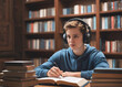© off - Young Male Student Studying in Library with Headphones on, Focusing on Book Notes, Surrounded by Stacked Textbooks and Shelves Filled with Literature