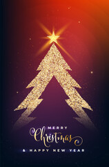 Wall Mural - christmas cards with golden shiny christmas tree, lights, stars and copy space