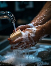 Close-up of hands washing their hands, focusing on the delicate movements of the fingers and palms, with soap bubbles and water droplets glistening under soft, clean light.